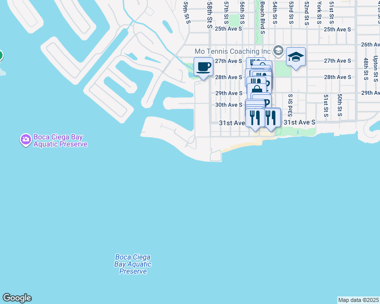 map of restaurants, bars, coffee shops, grocery stores, and more near 3210 59th Street South in Gulfport