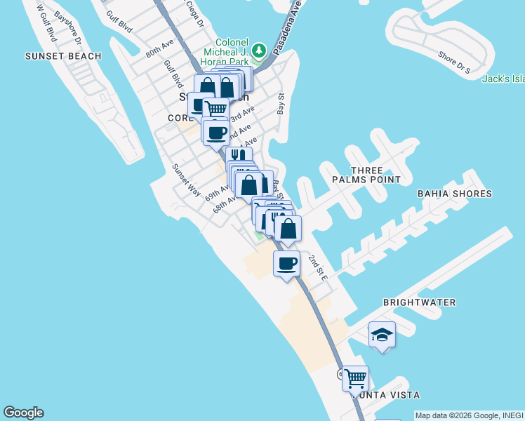 map of restaurants, bars, coffee shops, grocery stores, and more near 6605 Gulf Boulevard in St. Pete Beach