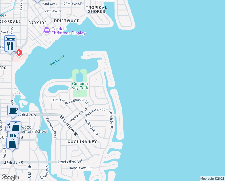 map of restaurants, bars, coffee shops, grocery stores, and more near 3640 Coquina Key Drive Southeast in St. Petersburg