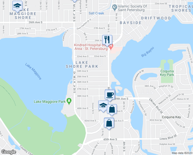 map of restaurants, bars, coffee shops, grocery stores, and more near 720 35th Avenue South in St. Petersburg