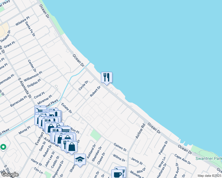 map of restaurants, bars, coffee shops, grocery stores, and more near 4334 Ocean Drive in Corpus Christi