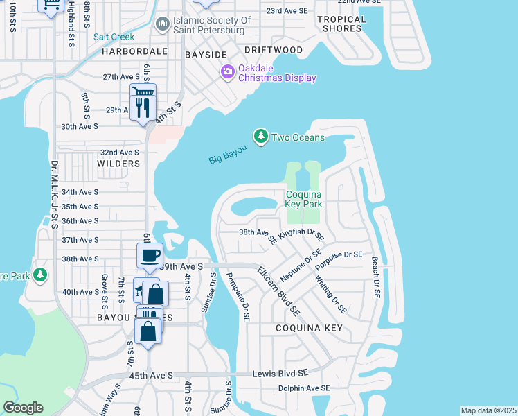 map of restaurants, bars, coffee shops, grocery stores, and more near 215 Sea Horse Drive Southeast in St. Petersburg