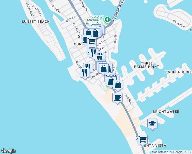map of restaurants, bars, coffee shops, grocery stores, and more near 6767 Sunset Way in St. Pete Beach