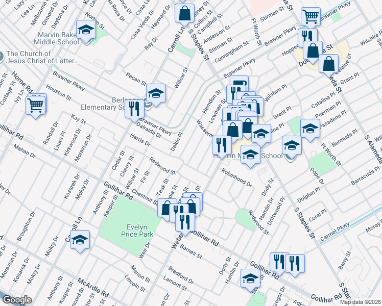 map of restaurants, bars, coffee shops, grocery stores, and more near 4218 Lowman Street in Corpus Christi