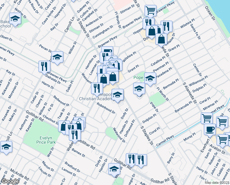map of restaurants, bars, coffee shops, grocery stores, and more near 3857 South Staples Street in Corpus Christi