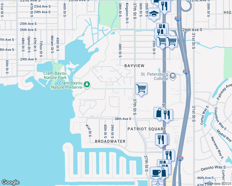 map of restaurants, bars, coffee shops, grocery stores, and more near 3840 34th Avenue South in St. Petersburg