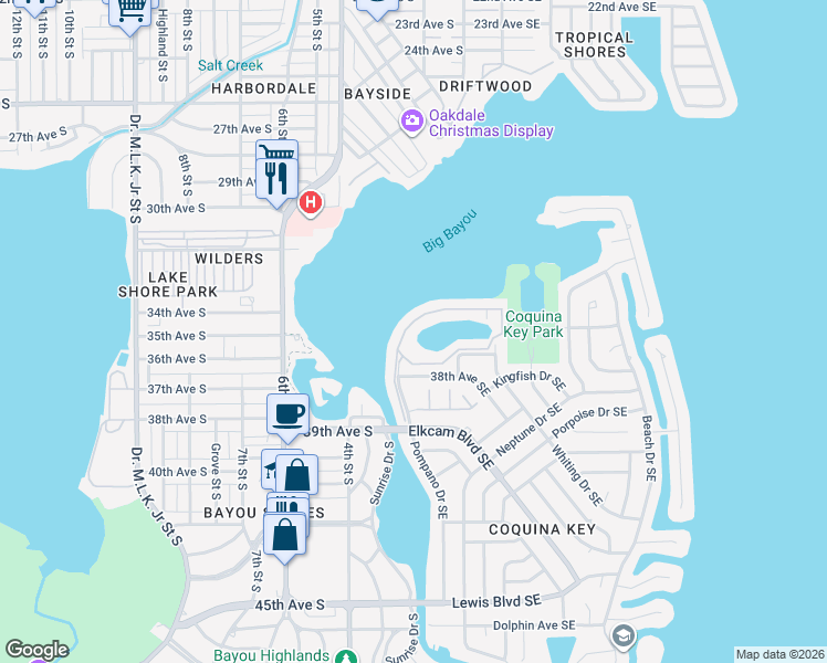 map of restaurants, bars, coffee shops, grocery stores, and more near 101 Pompano Drive Southeast in St. Petersburg
