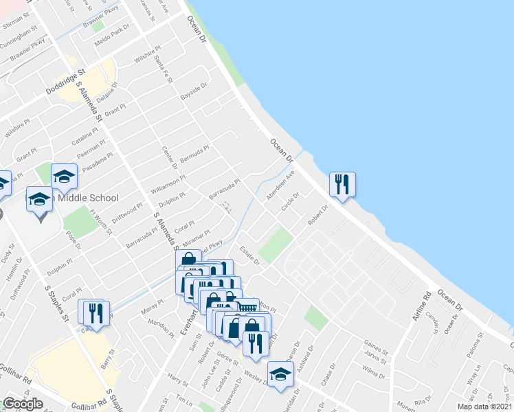 map of restaurants, bars, coffee shops, grocery stores, and more near 4245 Santa Fe Street in Corpus Christi