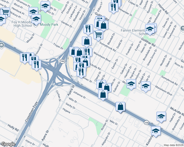 map of restaurants, bars, coffee shops, grocery stores, and more near 4929 Cheryl Drive in Corpus Christi