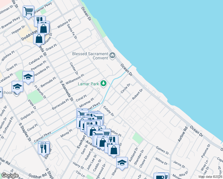 map of restaurants, bars, coffee shops, grocery stores, and more near 301 Aberdeen Avenue in Corpus Christi