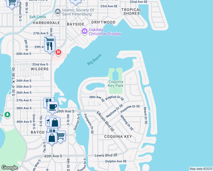 map of restaurants, bars, coffee shops, grocery stores, and more near 3690 Whiting Drive Southeast in St. Petersburg