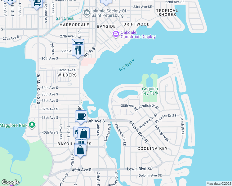 map of restaurants, bars, coffee shops, grocery stores, and more near 101 Pompano Drive Southeast in St. Petersburg