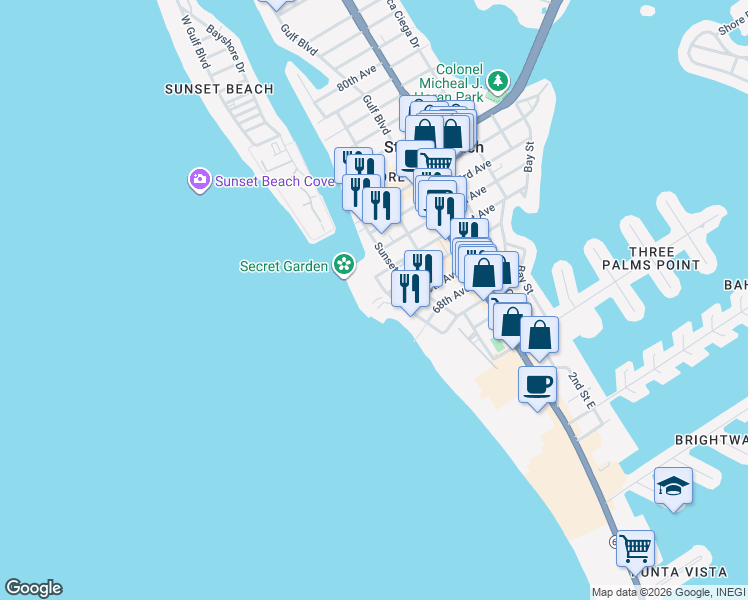 map of restaurants, bars, coffee shops, grocery stores, and more near 7000 Beach Plaza in St. Pete Beach
