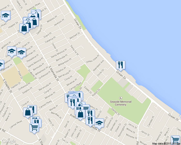 map of restaurants, bars, coffee shops, grocery stores, and more near 301 Aberdeen Avenue in Corpus Christi