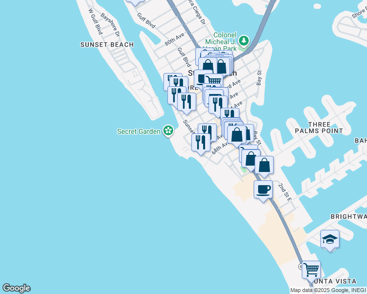 map of restaurants, bars, coffee shops, grocery stores, and more near 7000 Beach Plaza in St. Pete Beach