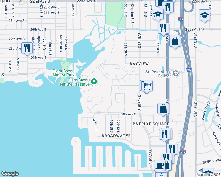 map of restaurants, bars, coffee shops, grocery stores, and more near 4000 34th Avenue South in Saint Petersburg