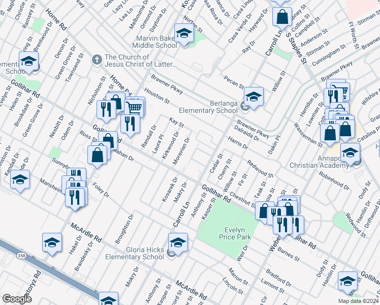 map of restaurants, bars, coffee shops, grocery stores, and more near 4333 Crane Street in Corpus Christi