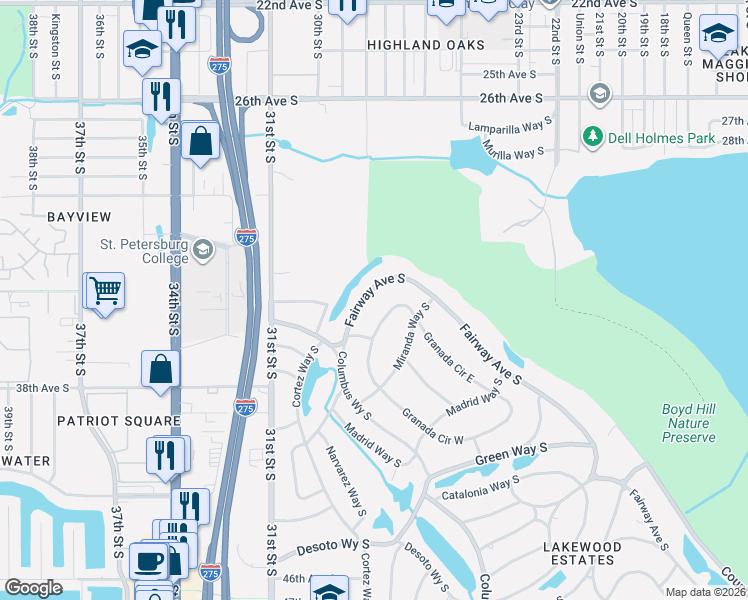 map of restaurants, bars, coffee shops, grocery stores, and more near 2675 Granada Circle East in St. Petersburg