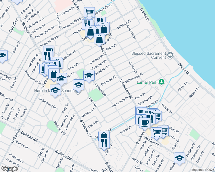 map of restaurants, bars, coffee shops, grocery stores, and more near 625 Williamson Place in Corpus Christi