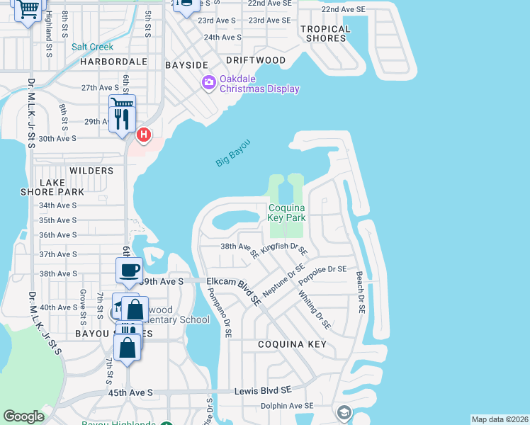 map of restaurants, bars, coffee shops, grocery stores, and more near 3690 Whiting Drive Southeast in St. Petersburg