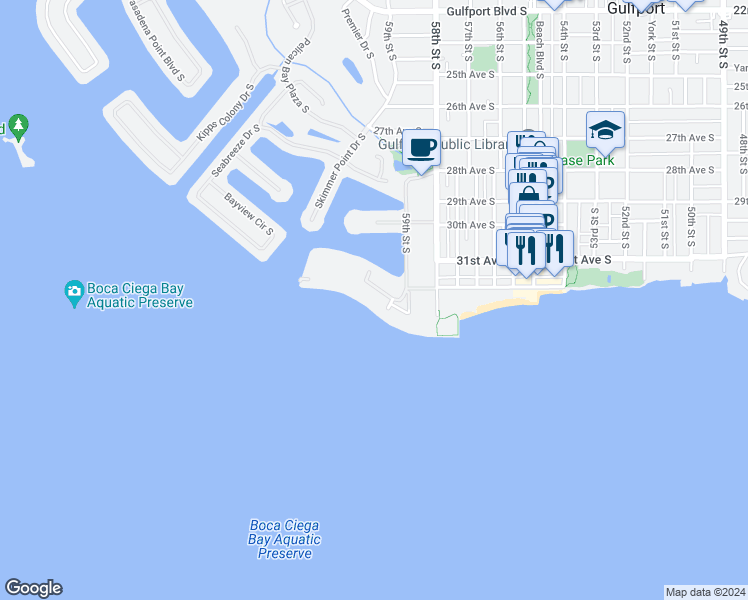 map of restaurants, bars, coffee shops, grocery stores, and more near 6015 Shore Boulevard South in Gulfport
