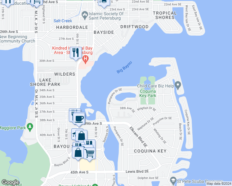 map of restaurants, bars, coffee shops, grocery stores, and more near 157 Pompano Drive Southeast in St. Petersburg