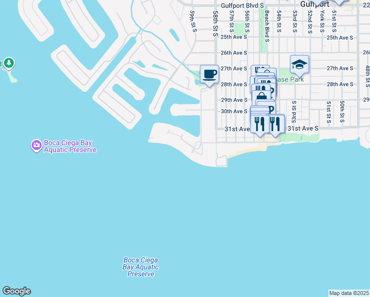 map of restaurants, bars, coffee shops, grocery stores, and more near 6015 Shore Boulevard South in Gulfport