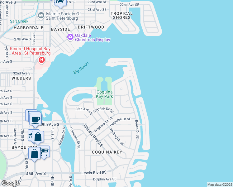 map of restaurants, bars, coffee shops, grocery stores, and more near 3696 Manatee Drive Southeast in Saint Petersburg