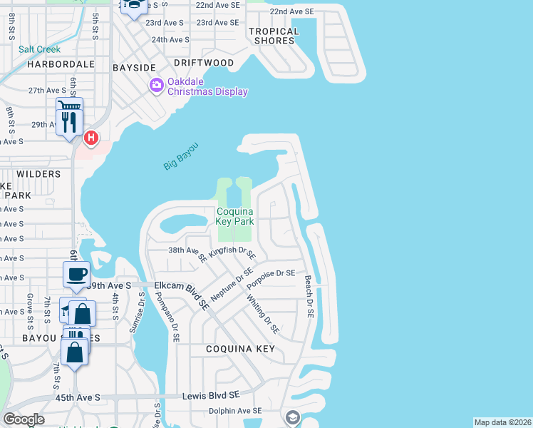 map of restaurants, bars, coffee shops, grocery stores, and more near 3505 Searobin Drive Southeast in St. Petersburg