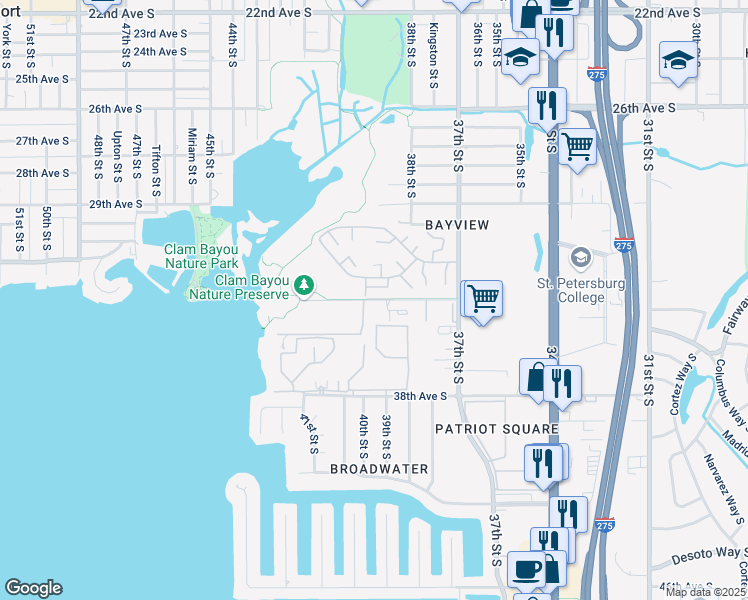 map of restaurants, bars, coffee shops, grocery stores, and more near 3383 39th Street South in St. Petersburg