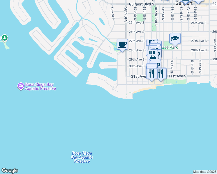 map of restaurants, bars, coffee shops, grocery stores, and more near 6015 Shore Boulevard South in Gulfport