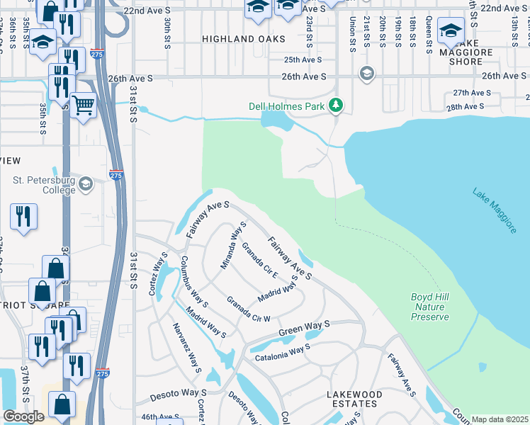 map of restaurants, bars, coffee shops, grocery stores, and more near 2601-2635 Fairway Avenue South in St. Petersburg