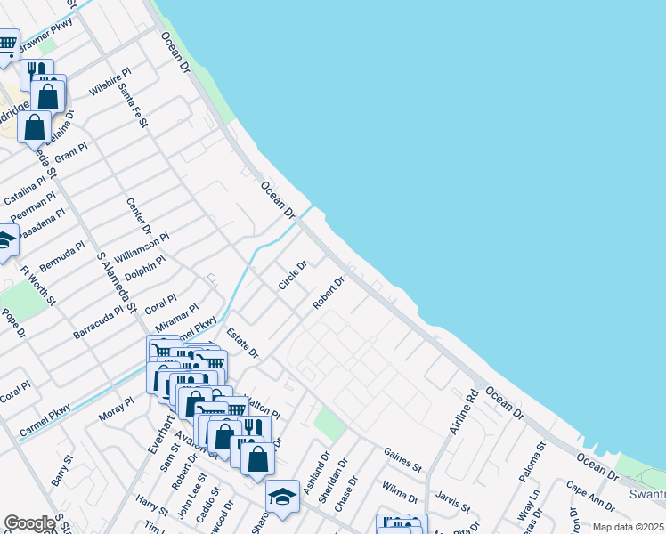 map of restaurants, bars, coffee shops, grocery stores, and more near 4243 Ocean Drive in Corpus Christi