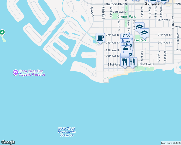 map of restaurants, bars, coffee shops, grocery stores, and more near 6015 Shore Boulevard South in Gulfport