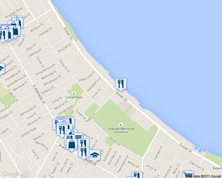 map of restaurants, bars, coffee shops, grocery stores, and more near 4243 Ocean Drive in Corpus Christi