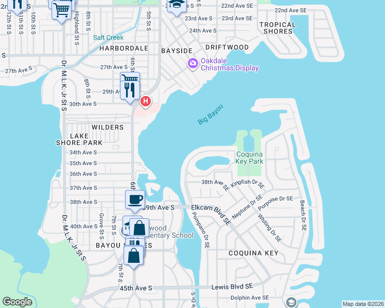map of restaurants, bars, coffee shops, grocery stores, and more near 131 Pompano Drive Southeast in Saint Petersburg