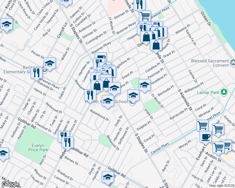 map of restaurants, bars, coffee shops, grocery stores, and more near 1050 Peerman Place in Corpus Christi