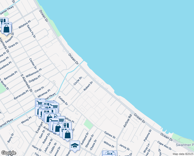 map of restaurants, bars, coffee shops, grocery stores, and more near 4270 Ocean Drive in Corpus Christi