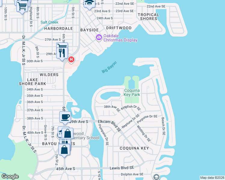 map of restaurants, bars, coffee shops, grocery stores, and more near 219 Pompano Drive Southeast in St. Petersburg