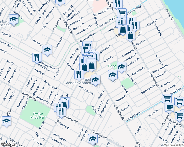 map of restaurants, bars, coffee shops, grocery stores, and more near 3819a South Staples Street in Corpus Christi