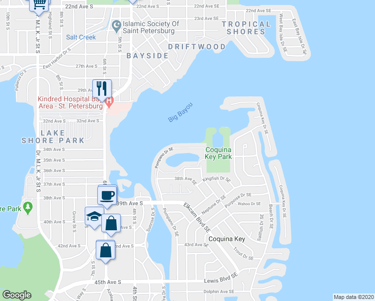 map of restaurants, bars, coffee shops, grocery stores, and more near 208 Pompano Drive Southeast in Saint Petersburg