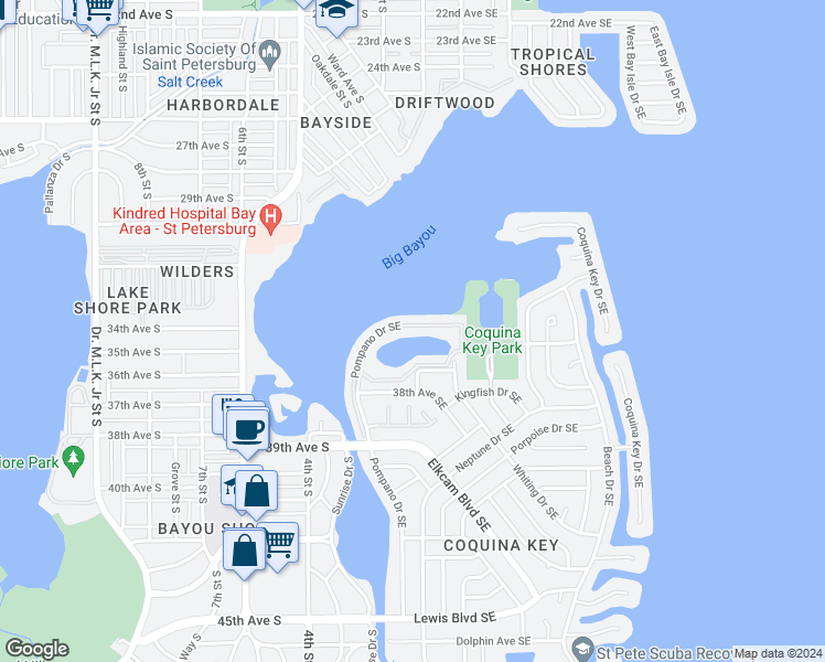 map of restaurants, bars, coffee shops, grocery stores, and more near 184 Pompano Drive Southeast in St. Petersburg