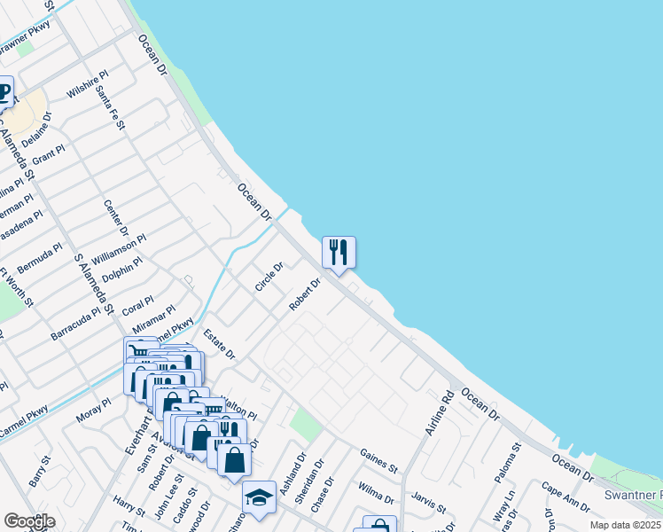 map of restaurants, bars, coffee shops, grocery stores, and more near 4302 Ocean Drive in Corpus Christi