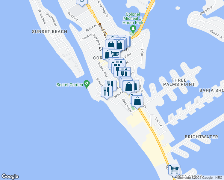 map of restaurants, bars, coffee shops, grocery stores, and more near 564 70th Avenue in St. Pete Beach