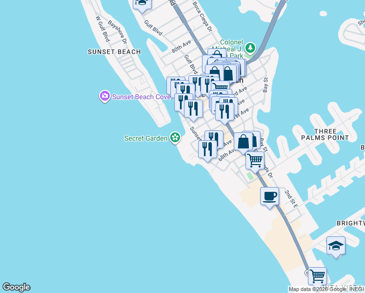 map of restaurants, bars, coffee shops, grocery stores, and more near 7100 Sunset Way in St. Pete Beach