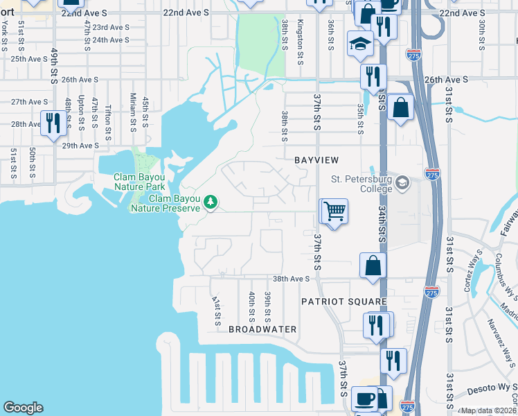 map of restaurants, bars, coffee shops, grocery stores, and more near 3383 39th Street South in St. Petersburg