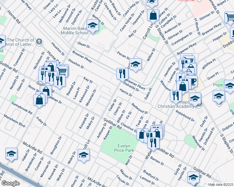 map of restaurants, bars, coffee shops, grocery stores, and more near 3602 Redwood Street in Corpus Christi