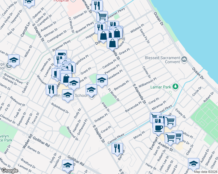 map of restaurants, bars, coffee shops, grocery stores, and more near 630 Santa Monica Place in Corpus Christi