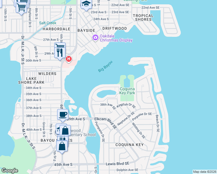 map of restaurants, bars, coffee shops, grocery stores, and more near 219 Pompano Drive Southeast in St. Petersburg