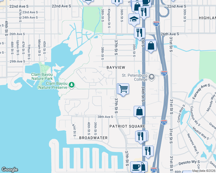 map of restaurants, bars, coffee shops, grocery stores, and more near 3340 38th Street South in St. Petersburg